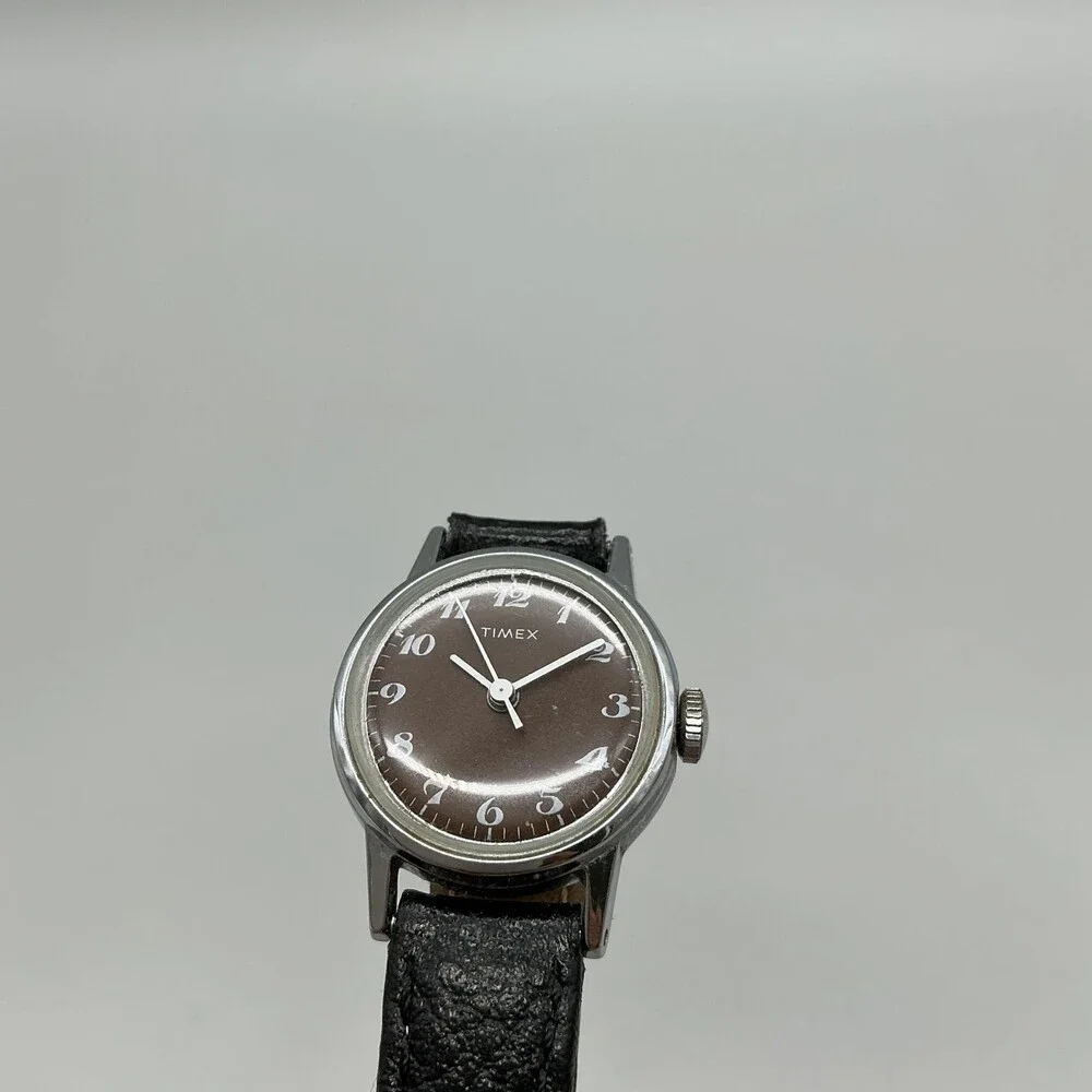 Vintage Timex Womens Watch 24mm Brown Dial Black Leather Strap Manual Wind